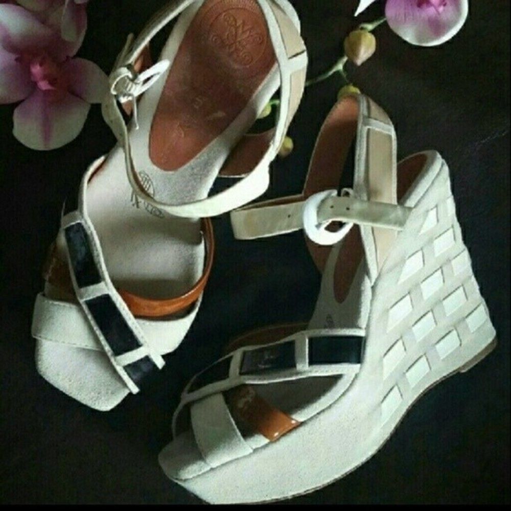 Y2K SANDALS WEDGE PLATFORM OPEN TOE SHOES SUEDE LEATHER SZ 36 WOMENS 36 IT